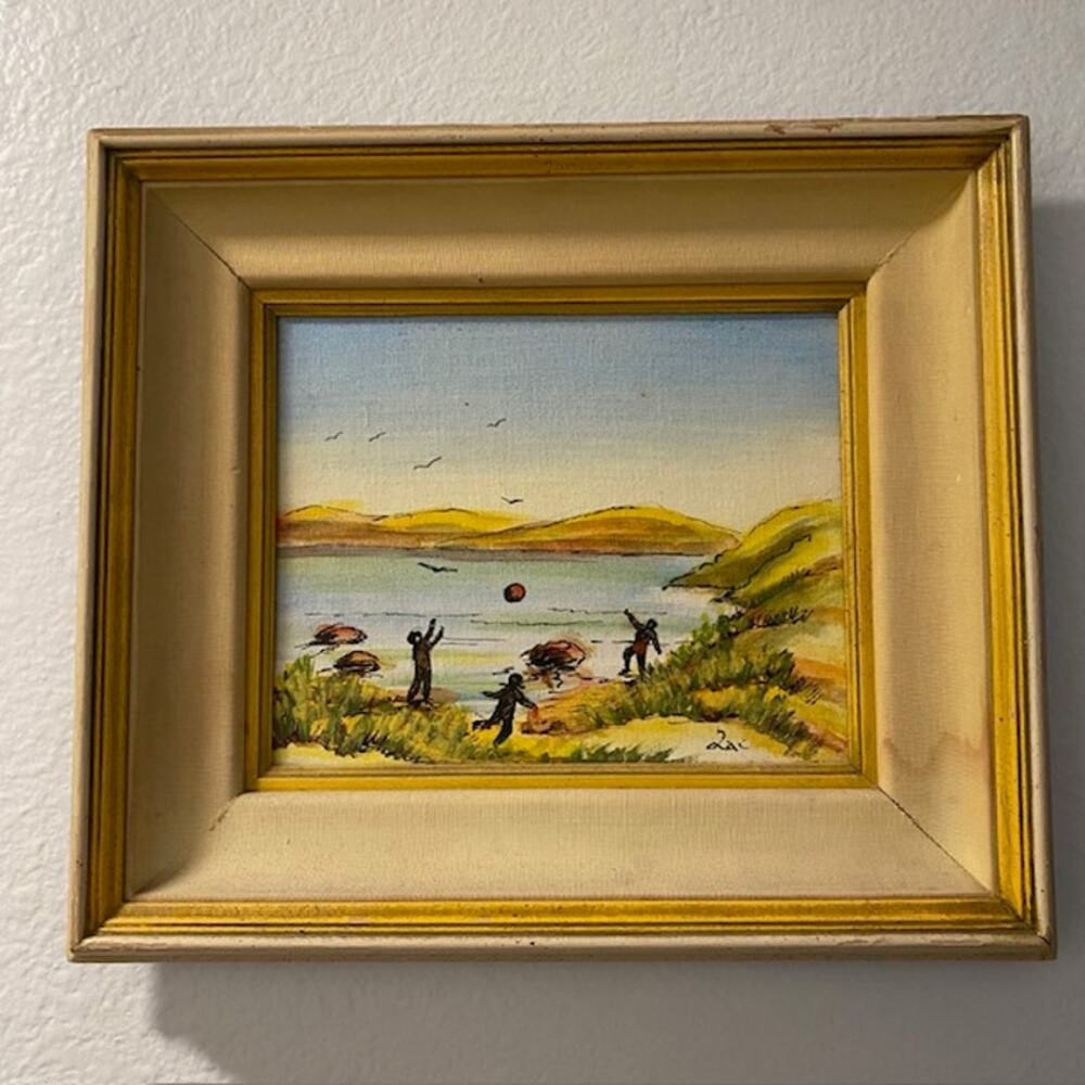 Children With Ball Oil Painting Original Artist Qai 1974-1976 M. Field's Chicago